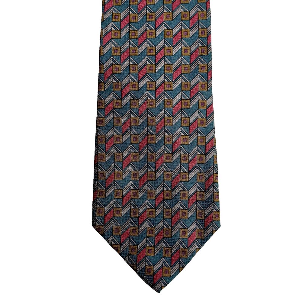 AQUASCUTUM of London Men's Silk Tie Art Deco Teal Blue Gold Red Geometric 54"x4"